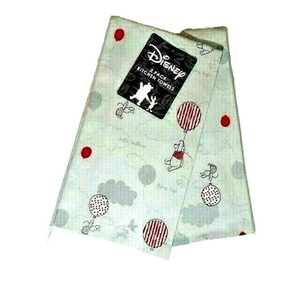 Disney Winnie the Pooh and Piglet Kitchen Towels Balloons Cotton Red Gray 2-Pc